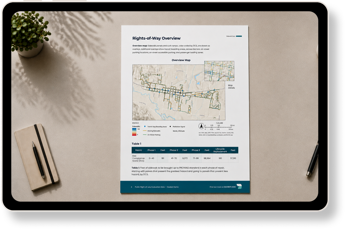A Right-of-Way Overview report on a tablet: a corridor map with a table of repairs by phase