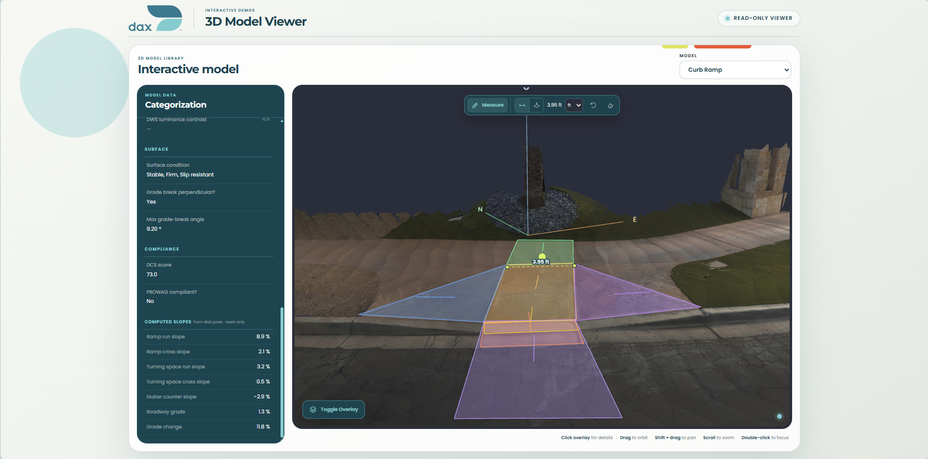 Dax 3D Model Viewer showing a measurable curb ramp model with slope and width overlays