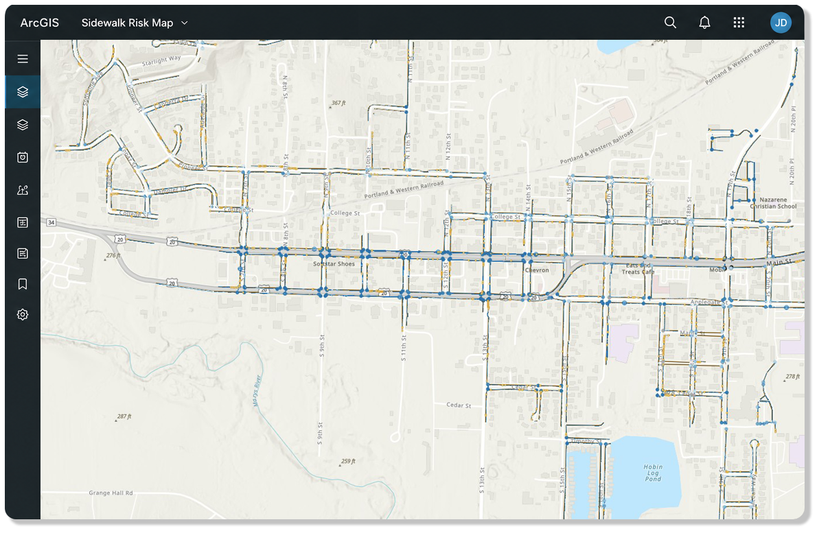 An ArcGIS sidewalk risk map: every assessed segment coloured by condition