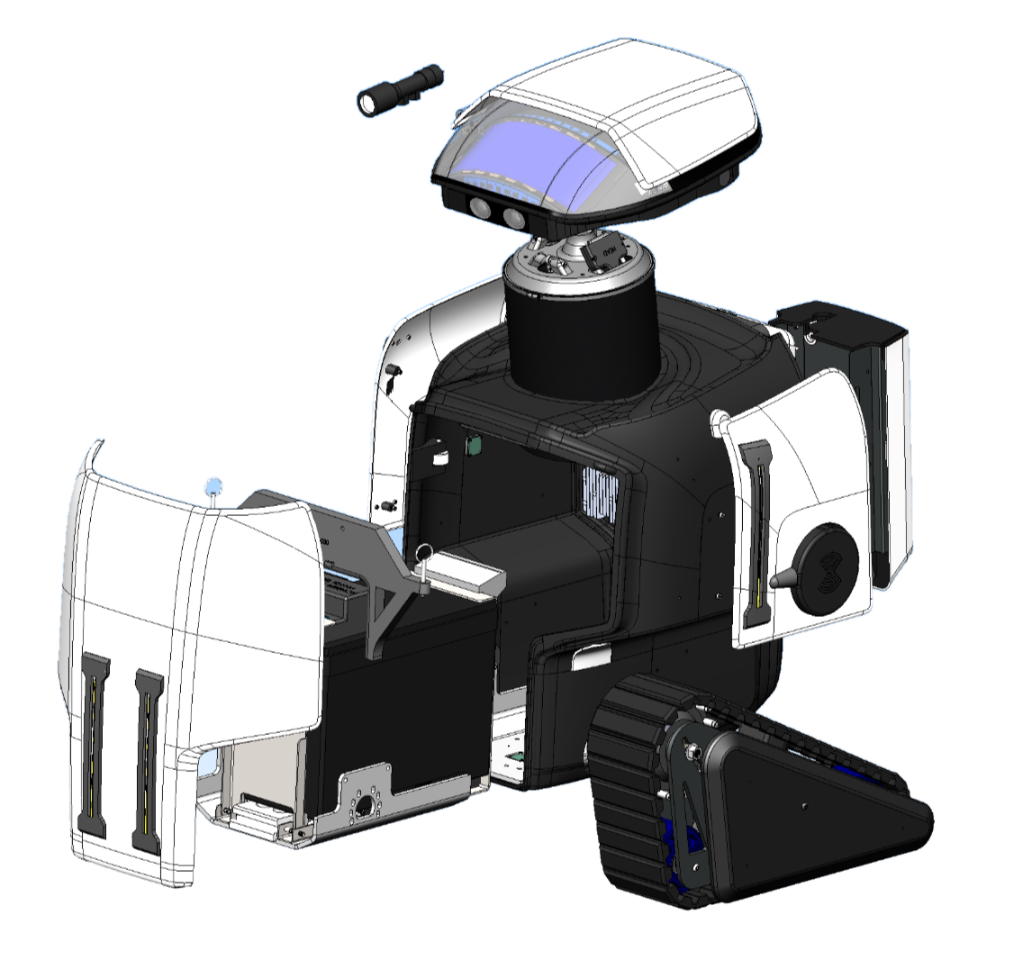 Exploded CAD view of the Helium Class security robot