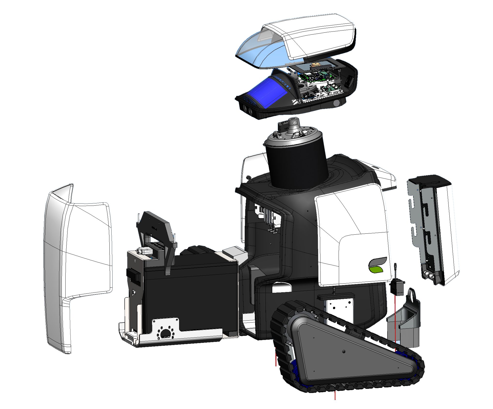 Exploded CAD view of the Helium Class sidewalk assessment robot