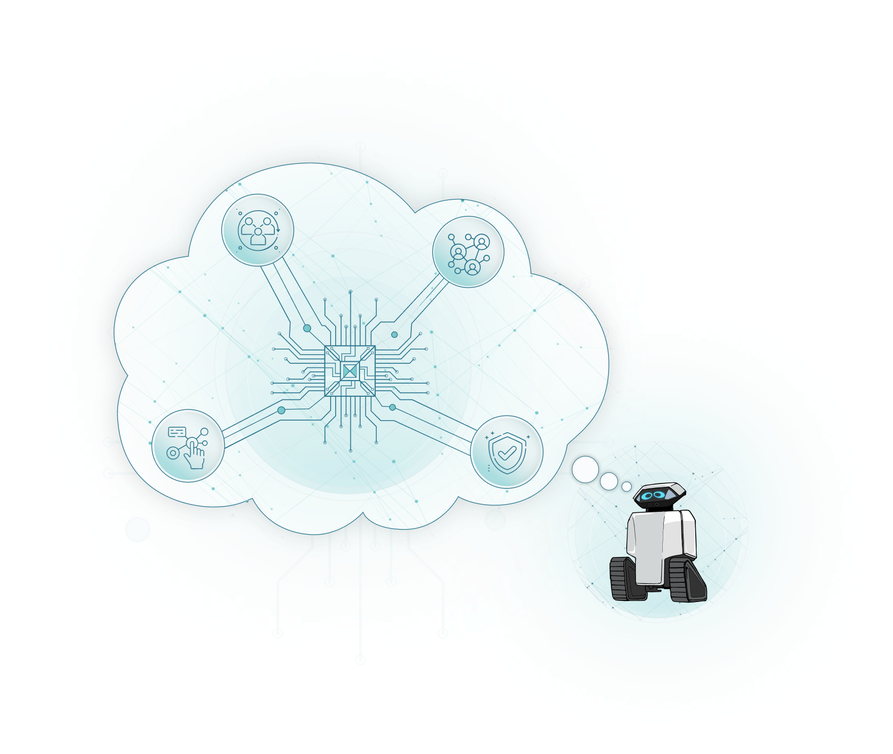 A thought cloud of DaxOS chips voting, with Dax looking on