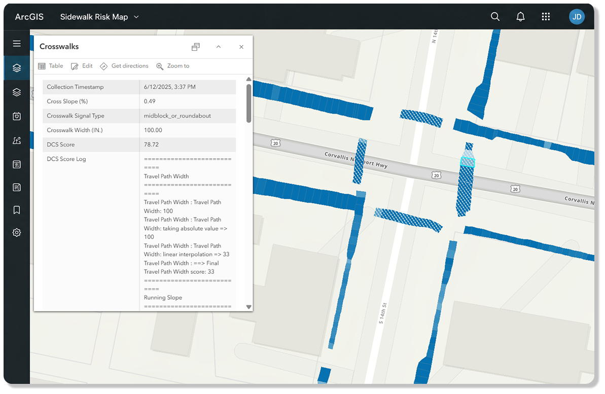 A risk map in ArcGIS showing a crosswalk's measurements beside a color-coded sidewalk map