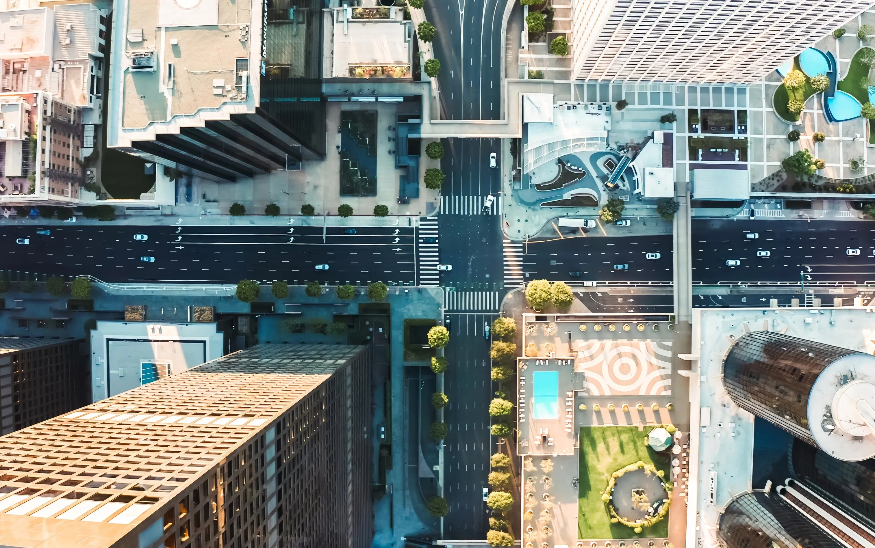 An aerial view of a downtown intersection