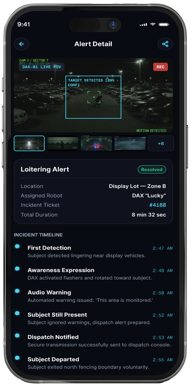 The Dax app's alert detail: a loitering alert with its live camera frame and incident timeline