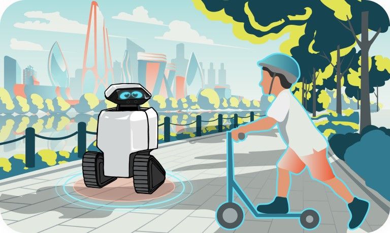 Dax stopping as a child on a scooter crosses the sidewalk